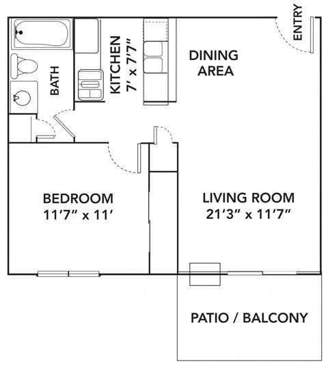 Floor plan for 1 bed, 1 bath, 572 sqft